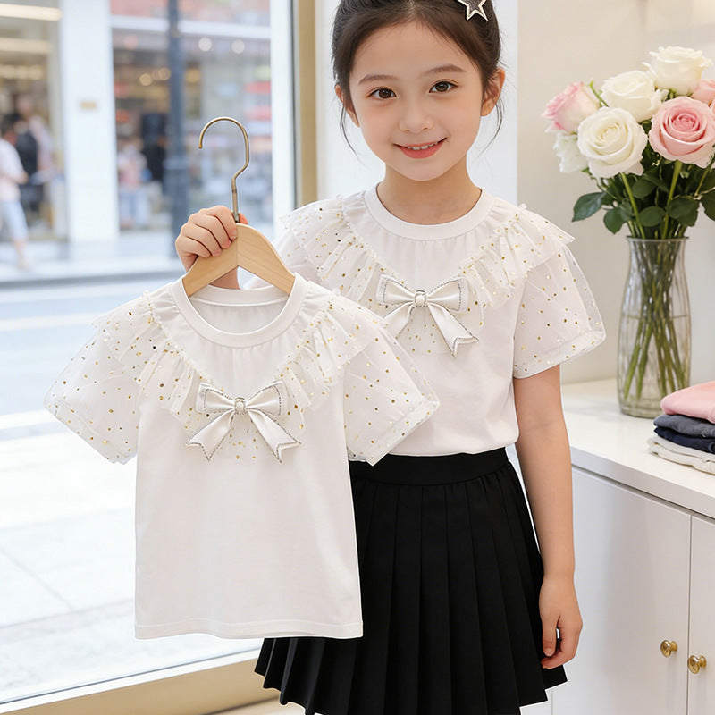 Mädchen T-Shirt mit Rüschendetails und transparenten Puffärmeln Drune
