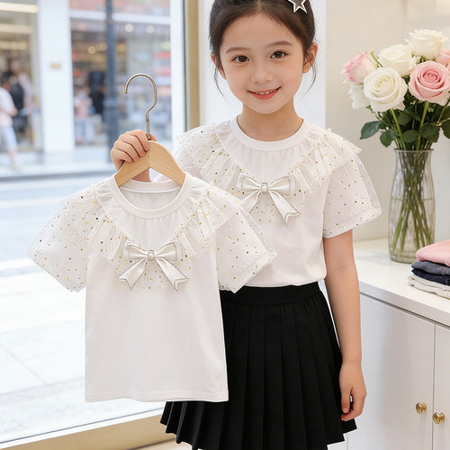 Mädchen T-Shirt mit Rüschendetails und transparenten Puffärmeln Drune