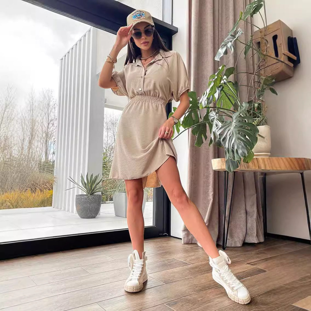 Damen lässiges Kurzarmkleid mit elastischem Gummizug in der Taille und elegantem Kragen Drune