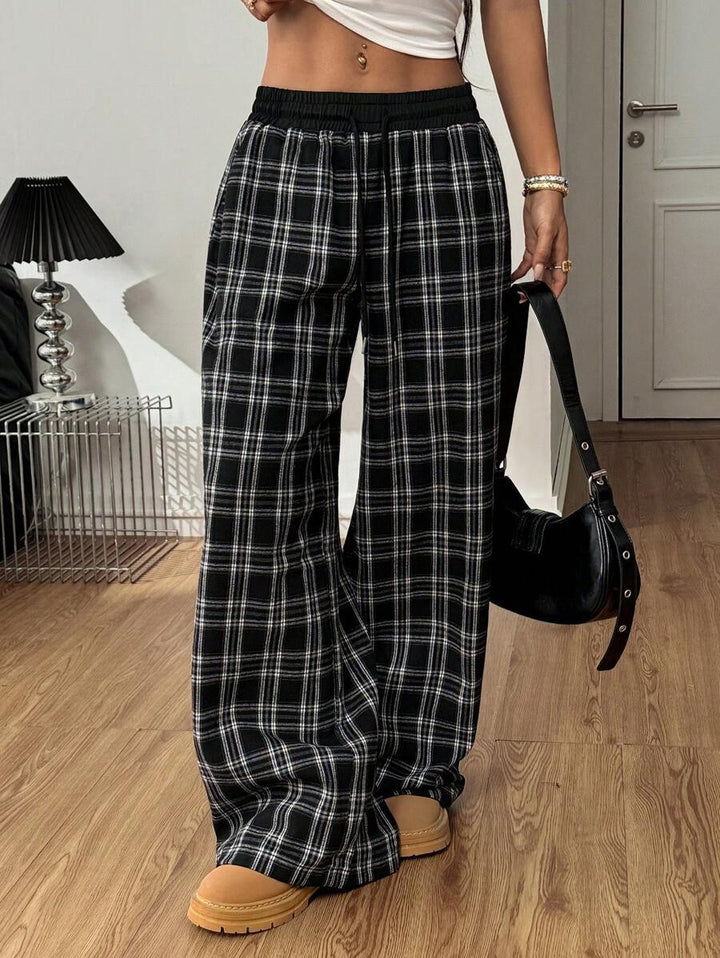 Damen weite Karohose mit elastischem Bund und seitlichen Taschen Drune