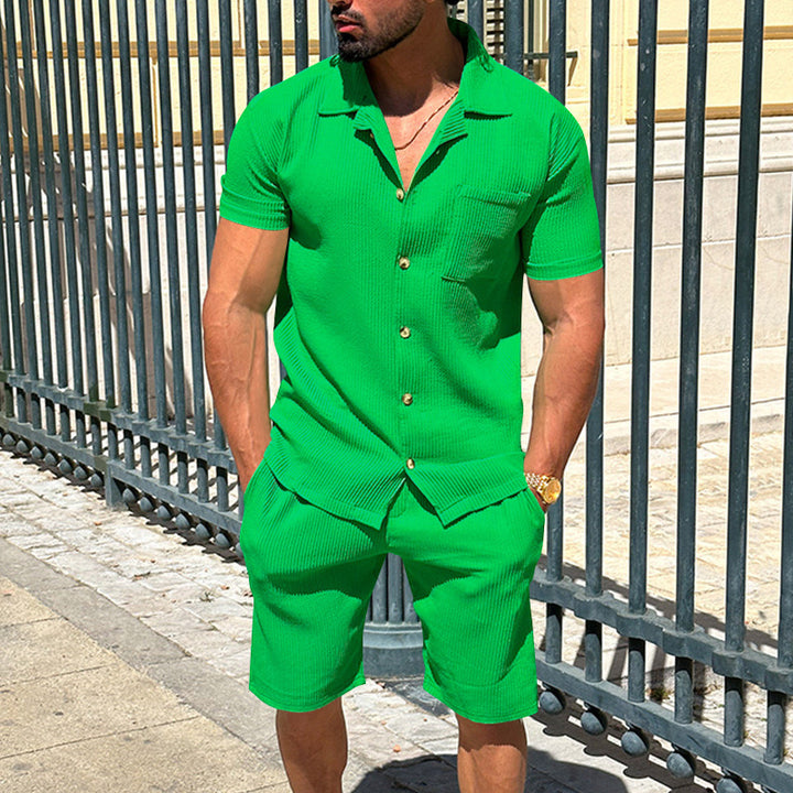 Herren nan lässiges zweiteiliges Freizeitset aus geripptem Jersey mit Hemdkragen Knopfleiste und Shorts Drune