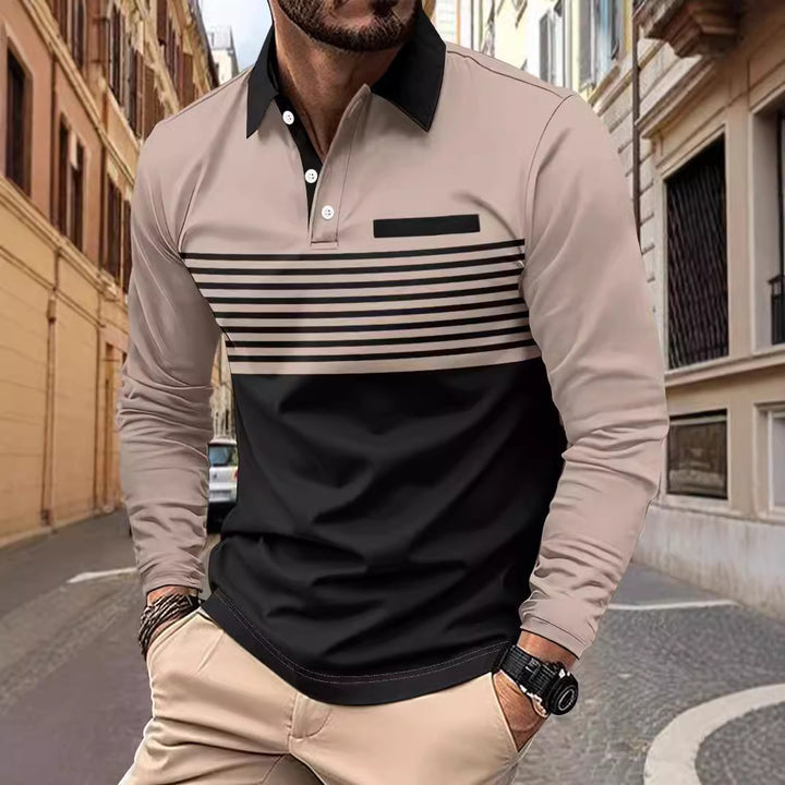 Herren nan langärmliges Poloshirt mit kontrastierendem Hemdkragen, dezenter Brustpaspel und feinem Streifenrelief Drune