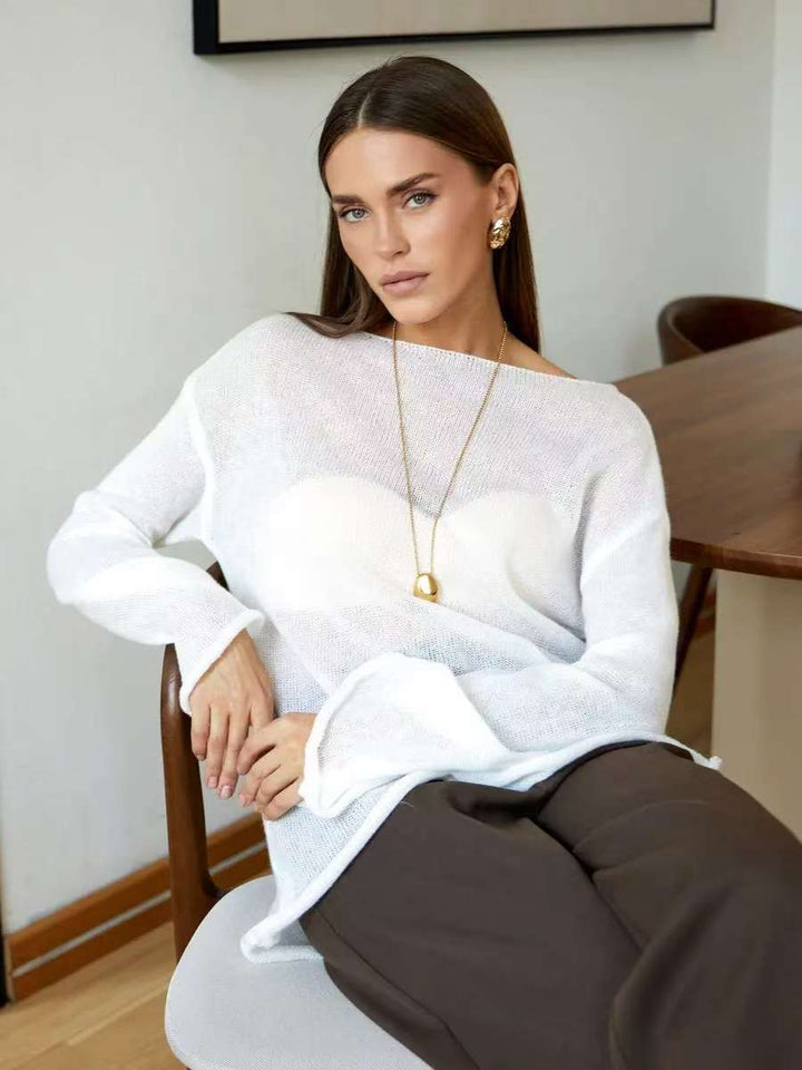 Damen luftiger Off-Shoulder Pullover mit weitem Schnitt aus feiner Strickqualität Drune