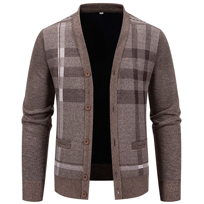 Herren stilvolle Strickjacke mit modernem Karomuster und praktischen Taschen Drune