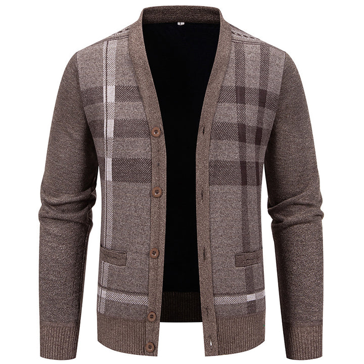 Herren stilvolle Strickjacke mit modernem Karomuster und praktischen Taschen Drune