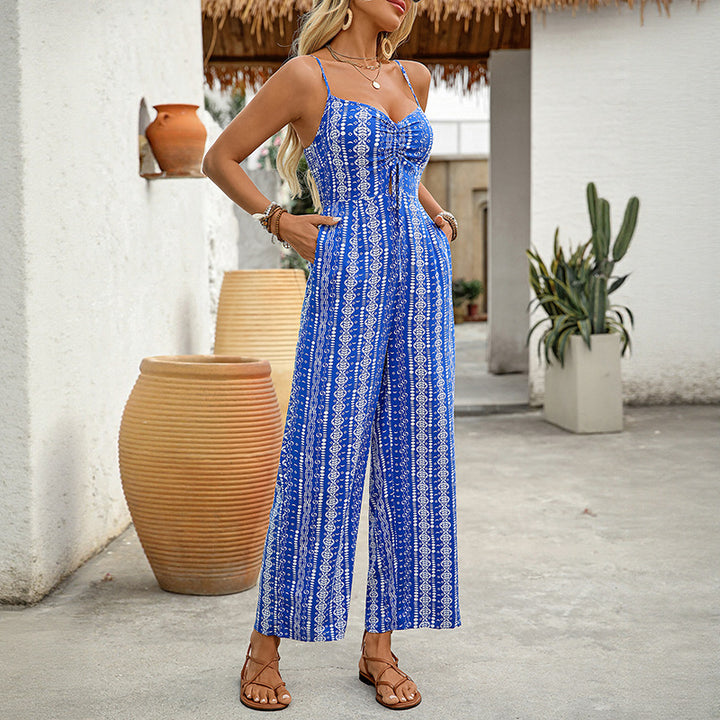 Damen luftiger Jumpsuit mit Spaghettiträgern und verspieltem Muster Drune
