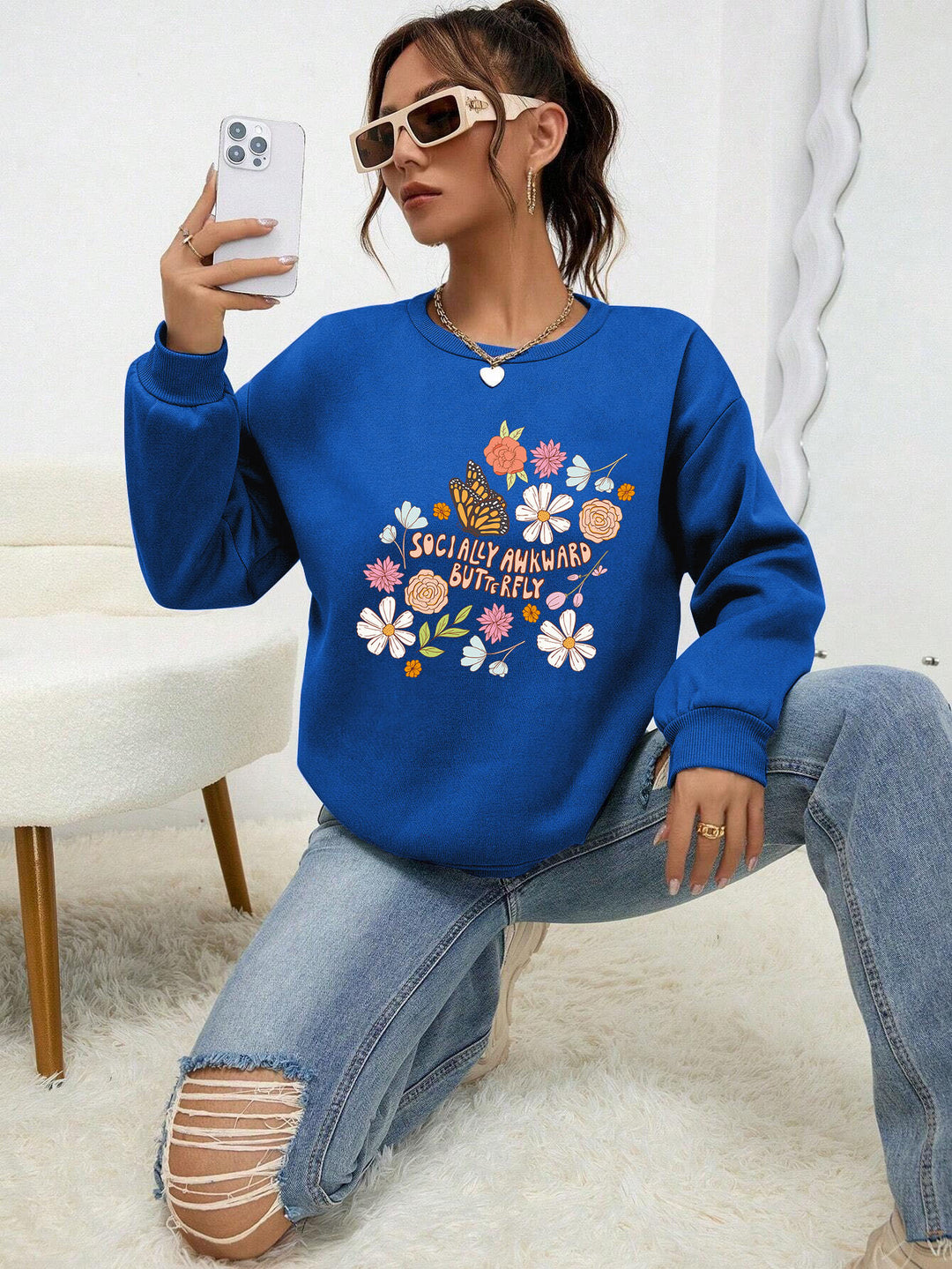 Damen Sweatshirt mit kreativem Floraldesign und inspirierendem Aufdruck Drune