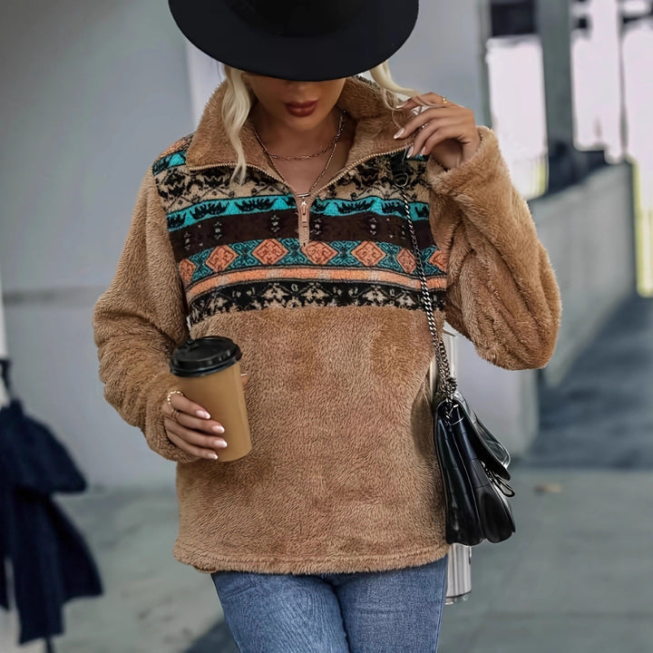 Damen kuschelige Fleece-Pullover mit modischem Reißverschluss und Farbdesign Drune