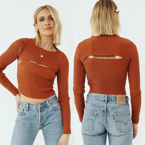 Damen Langarm Crop-Top mit raffiniertem Cut-Out-Design Drune