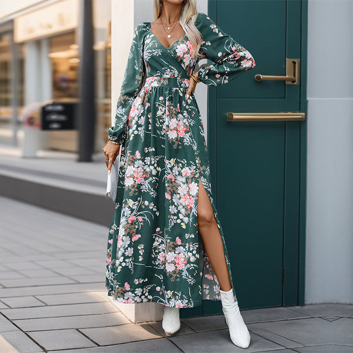 Damen Maxikleid mit floralem Design und schickem Schlitz Drune