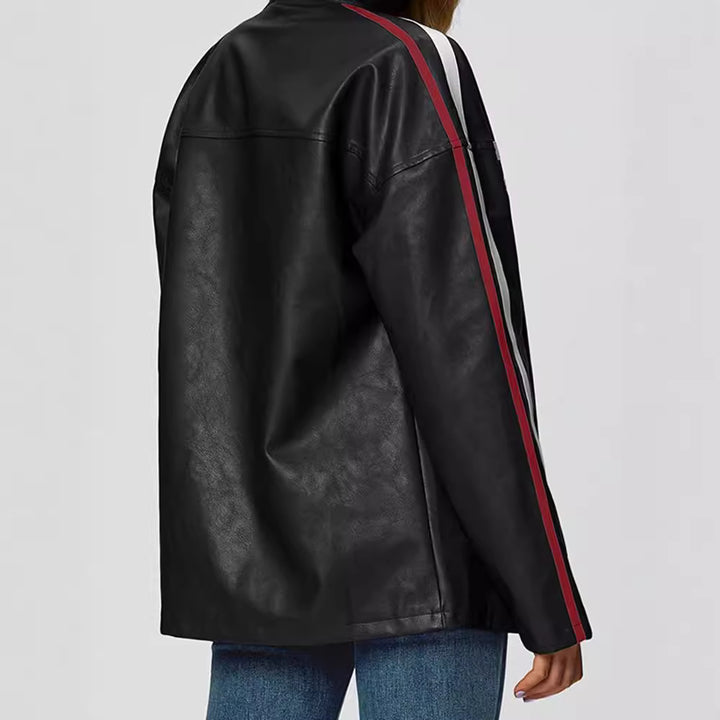 Damen Kunstlederjacke mit sportlichen Streifen Drune