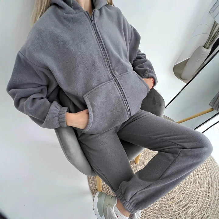 Damen Fleece-Loungewear-Anzug mit Reißverschluss und Kapuze Drune