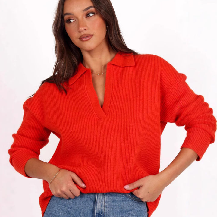 Damen lässiger Strickpullover mit modernem V-Ausschnitt und weit geschnittenen Ärmeln Drune
