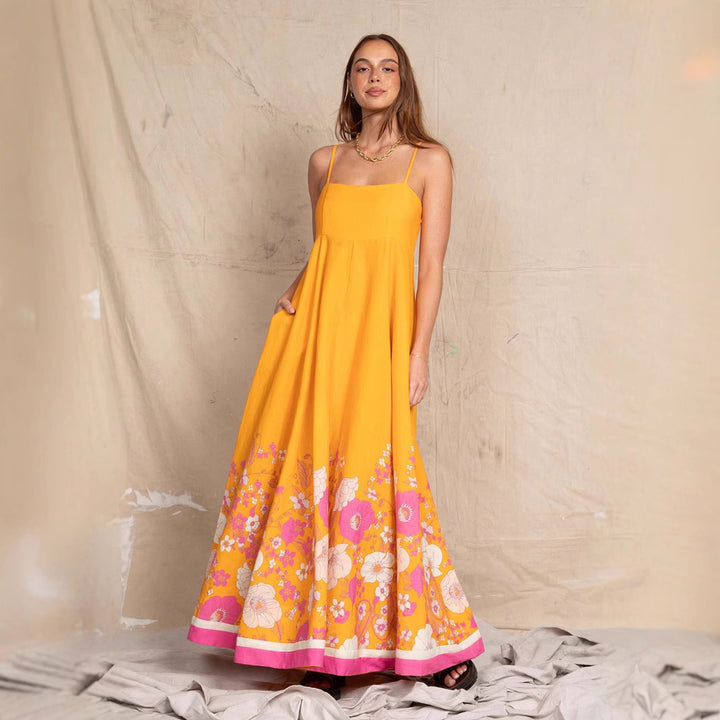 Damen Maxikleid mit floralem Design und eleganten Spaghettiträgern Drune
