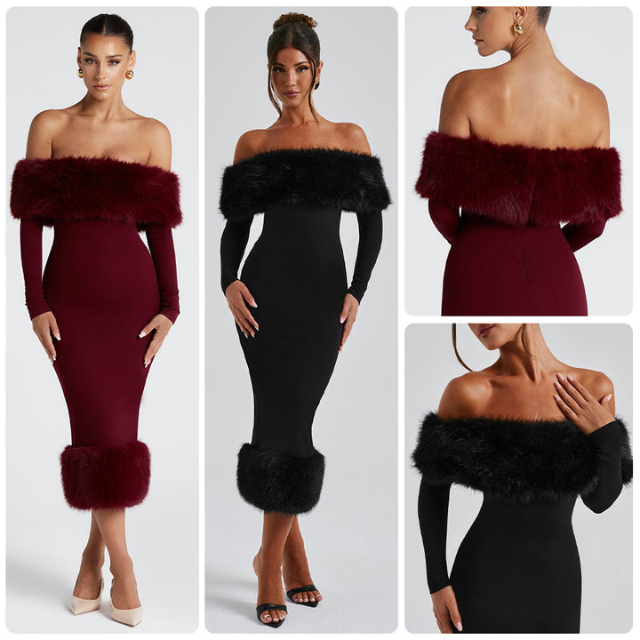 Damen Figurbetontes Kleid mit abnehmbaren Kunstfell-Akzenten Drune
