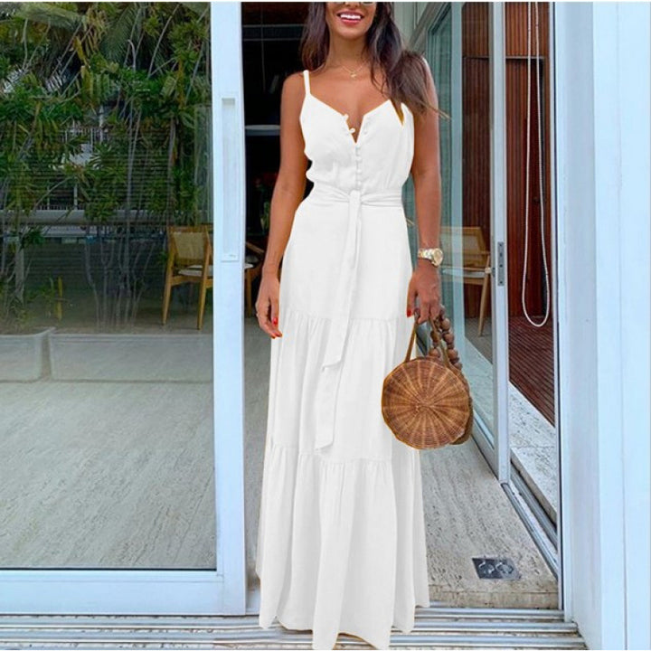 Damen Maxi-Kleid mit knöpfbarem Ausschnitt und Taillengürtel Drune