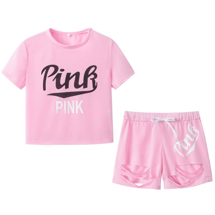Damen Sportliches T-Shirt und Shorts-Set mit weitem Schnitt und kontrastierenden Aufdrucken Drune