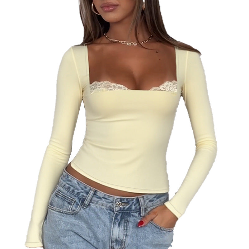 Damen Langarmshirt mit Spitzendekolleté und figurbetonter Passform Drune