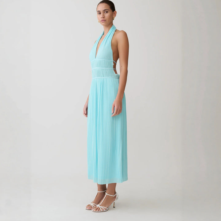 Damen Fließendes Maxikleid mit tiefem V-Ausschnitt und Plisseedetails Drune