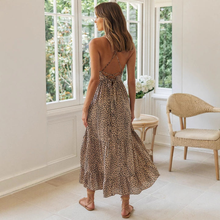Damen langes Leopard-Print Kleid im Boho-Stil mit Spaghetti-Trägern und fließendem Rock Drune
