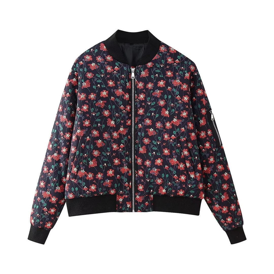 Damen stylische Bomberjacke mit floralen Mustern und elastischen Bündchen Drune
