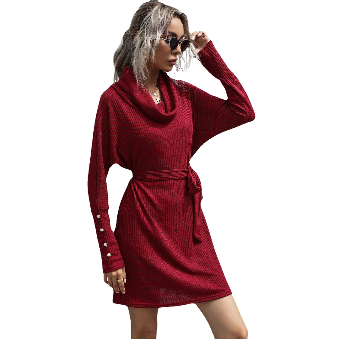Damen Strickkleid mit weitem Kragen und tailliertem Gurt Drune