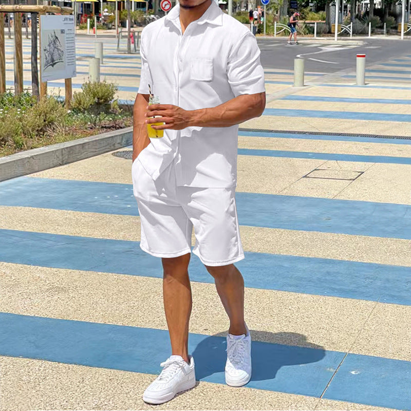 Herren nan legeres Resort-Zweiteiler mit offenem Kurzarm-Hemd, Brusttasche und elastischer Bermuda Drune