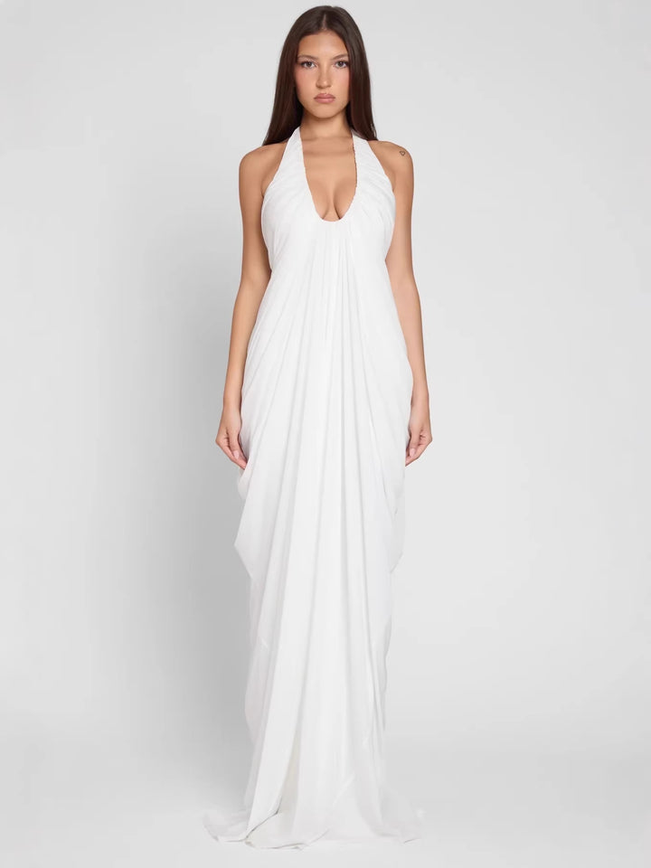 Damen Elegantes Maxikleid mit tiefem V-Ausschnitt und fließendem Drapé Drune