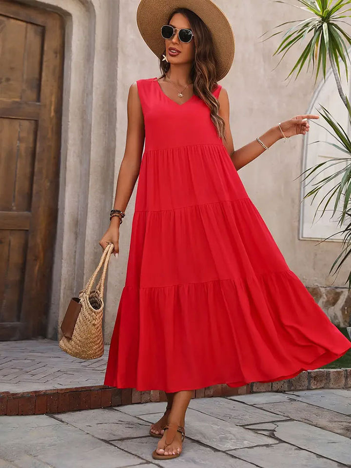 Damen Elegantes Sommer-Maxi-Kleid mit voluminösem Rock und V-Ausschnitt Drune