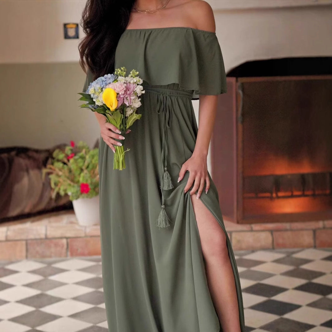 Damen elegantes Maxi-Kleid mit Off-Shoulder Design und seitlichem Schlitz Drune