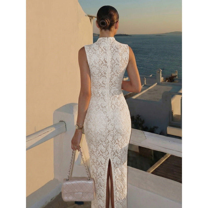 Damen Spitzenkleid mit hohem Kragen und figurbetonter Silhouette Drune