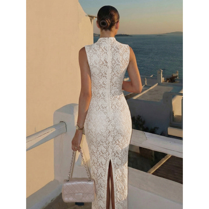 Damen Spitzenkleid mit hohem Kragen und figurbetonter Silhouette Drune