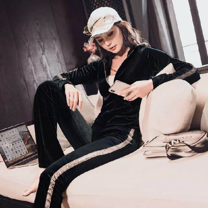 Damen sportliches Fleece-Loungewear-Set mit glitzernden Akzenten Drune