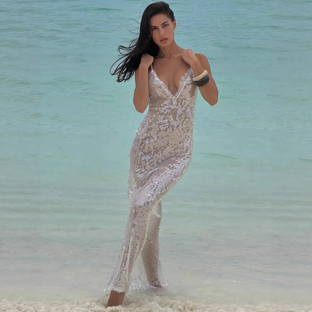 Damen Glitzerndes Strandkleid mit tiefem V-Ausschnitt und schmalen Spaghetti-Trägern Drune