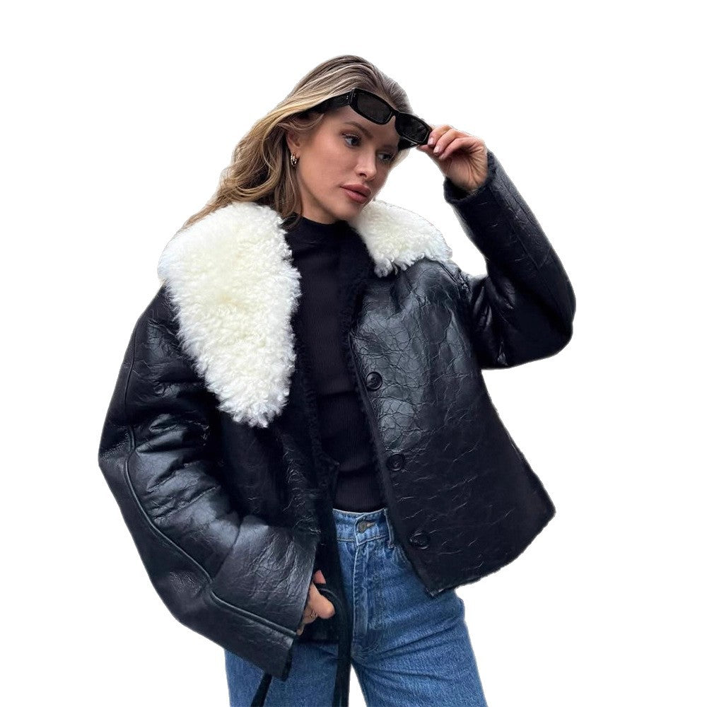 Damen luxuriöse Kunstlederjacke mit weichem Pelzkragen Drune