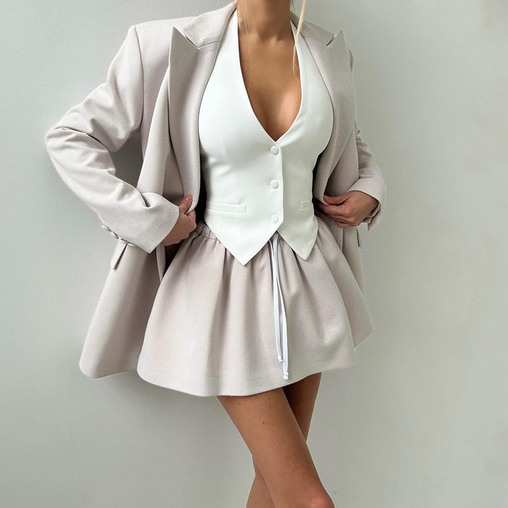 Damen elegantes Blazer-Set mit tailliertem Oberteil und schwingendem Rock Drune