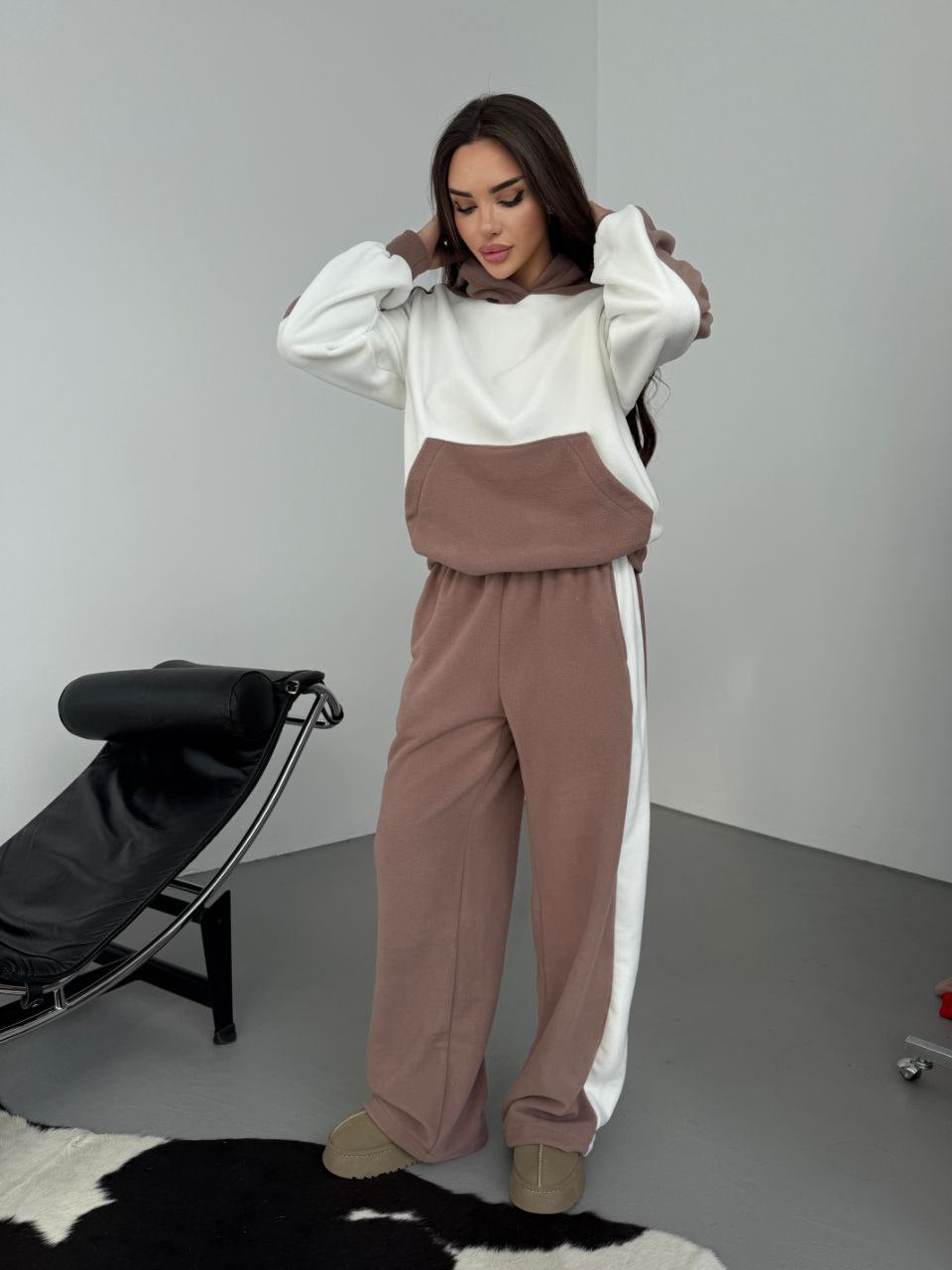 Damen gemütliches Fleece-Casual-Set mit farblich abgesetzten Details Drune