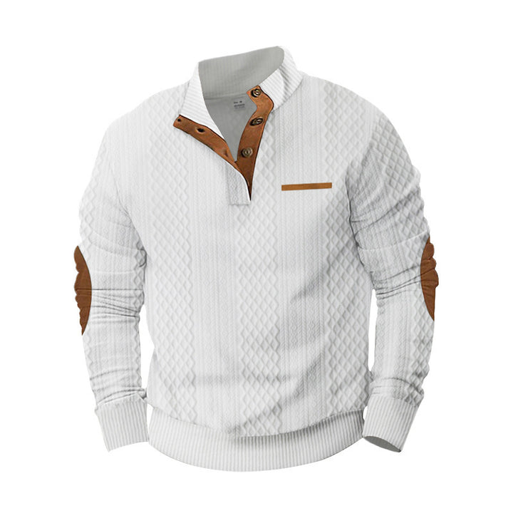 Herren nan strukturierter Stehkragen-Pullover mit halber Knopfleiste und Ellbogen-Patches Drune
