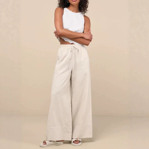 Damen Weite Leinenhose mit elastischem Bund und seitlichen Taschen Drune