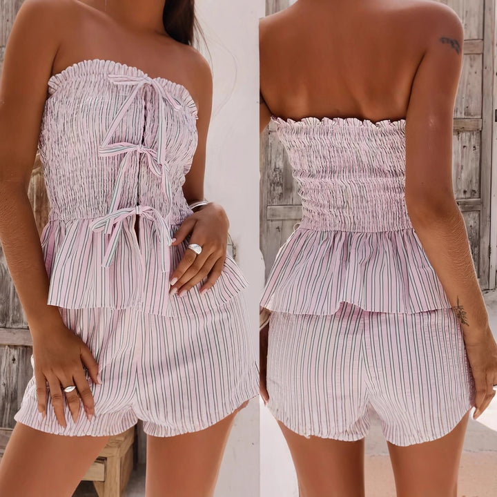 Damen Off-Shoulder Top mit Rüschen und gestreiftem Design Drune