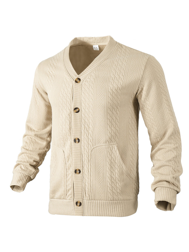 Herren nan eleganter Zopfstrickcardigan mit V-Ausschnitt Knopfleiste und aufgesetzten Taschen Drune