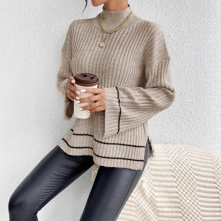 Damen Strickpullover mit hohem Kragen und modernen Rippdetails Drune