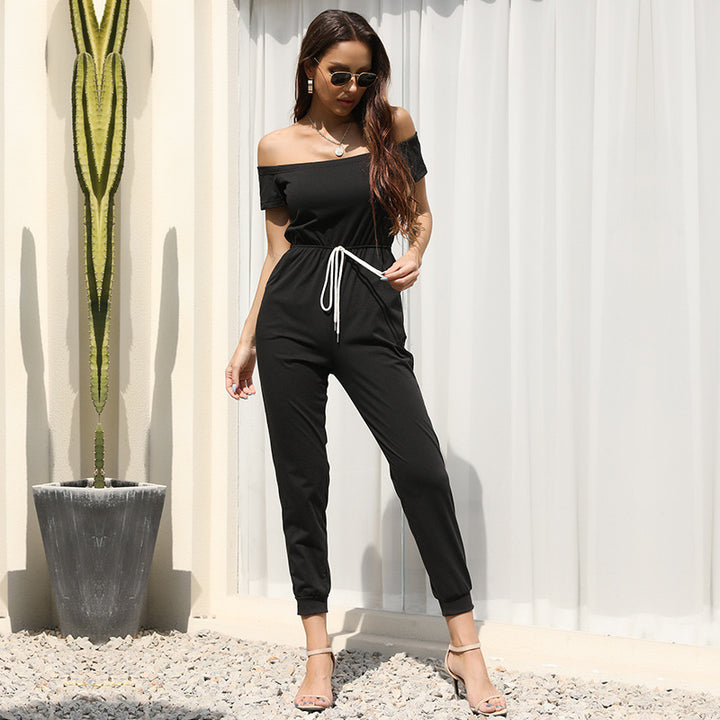 Damen eleganter Jumpsuit mit schulterfreiem Design und verstellbarem Bund Drune