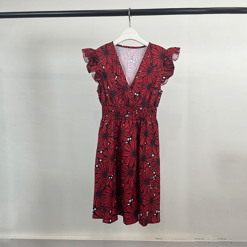 Damen Elegantes Blumenkleid mit schwingendem Saum und Rüschen Drune