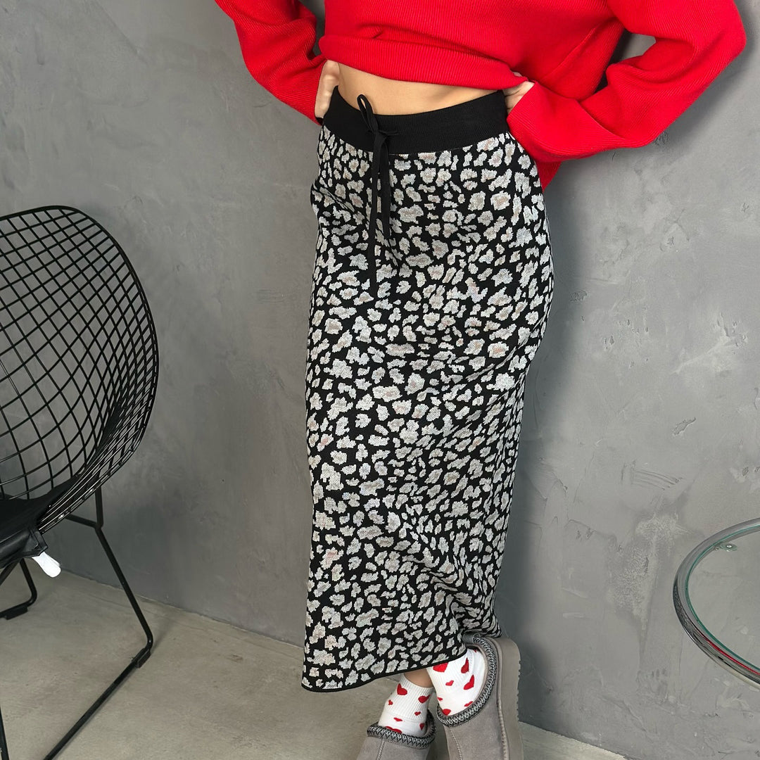 Damen Midi-Rock mit Leopard-Muster und Schlitz-Design Drune