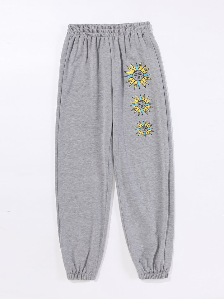 Damen bequeme Sweatpants mit trendigem Sonnenmotiv Drune