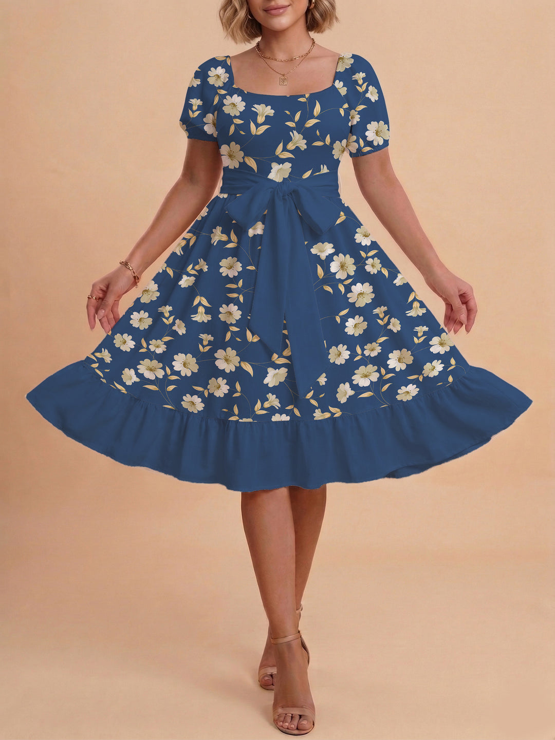 Damen Midi Kleid mit elegantem Blumendruck und tailliertem Gürtel Drune