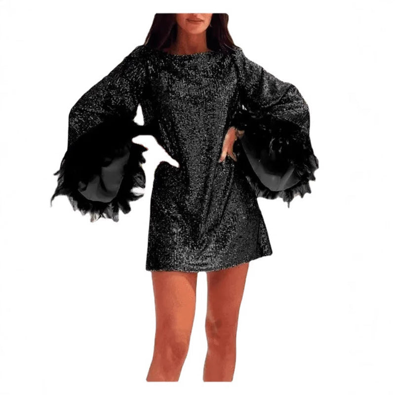 Damen Pailletten Minikleid mit Federn Drune