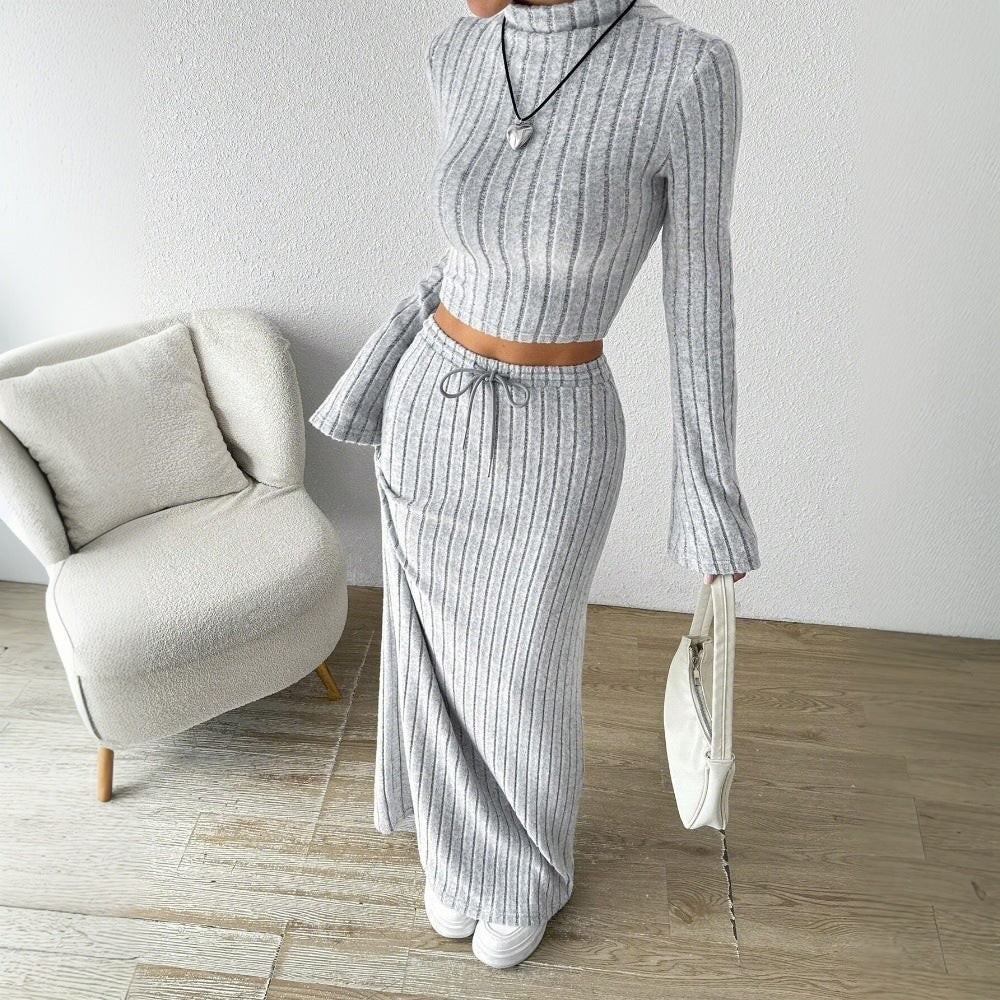 Damen Langarm Crop-Top und Maxi-Rock Set mit eleganter Rippstruktur Drune