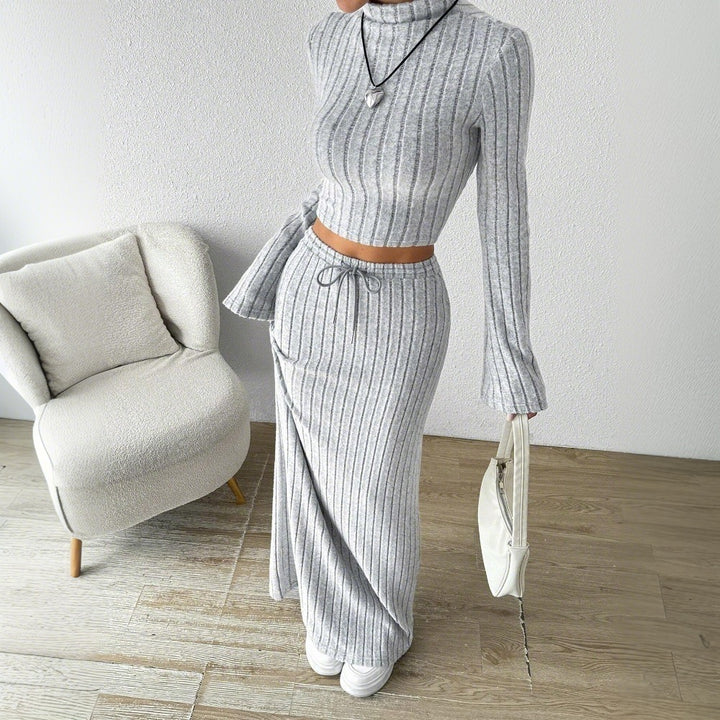 Damen Langarm Crop-Top und Maxi-Rock Set mit eleganter Rippstruktur Drune